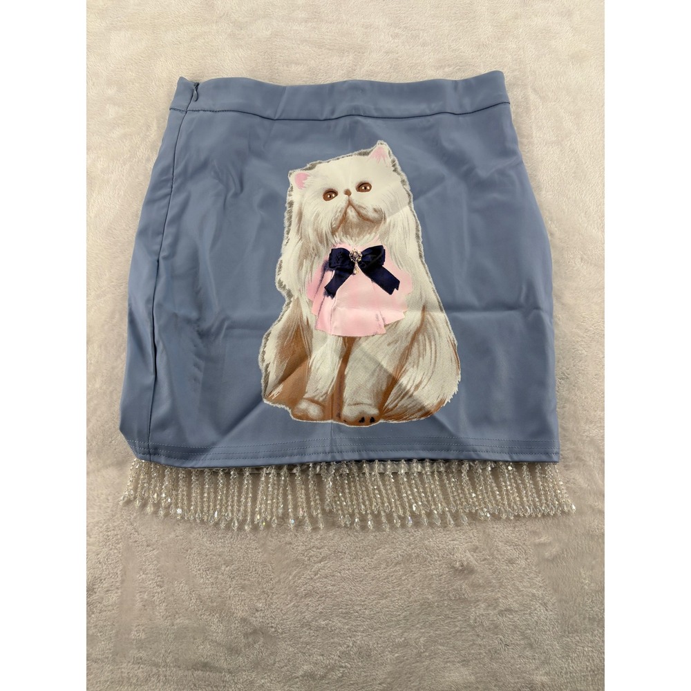 SHEIN Mini Skirt Size S Blue Faux Leather Cat Graphic Beaded Fringe